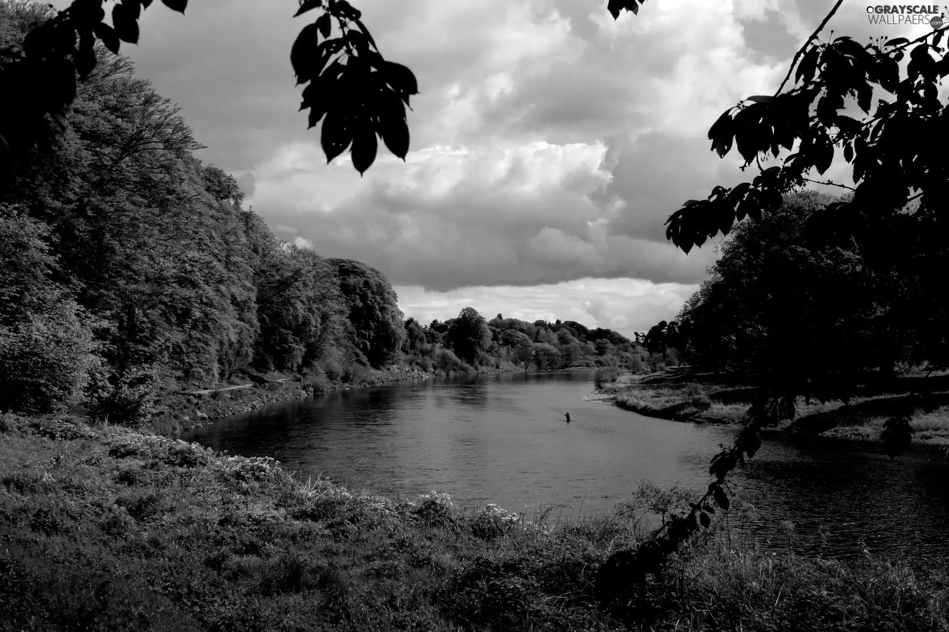 River, cloudy, Sky, green