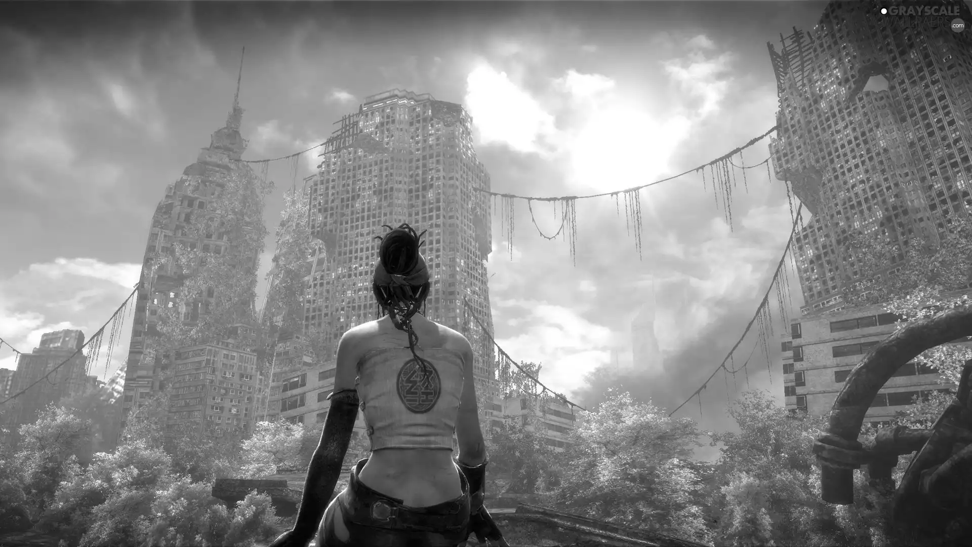 Sky, ropes, ruins, town, girl