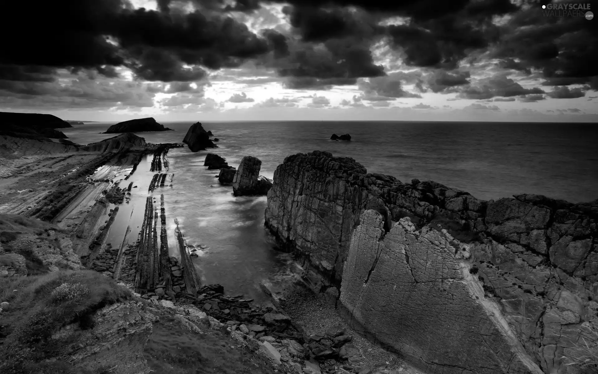 sea, Clouds, Sky, rocks