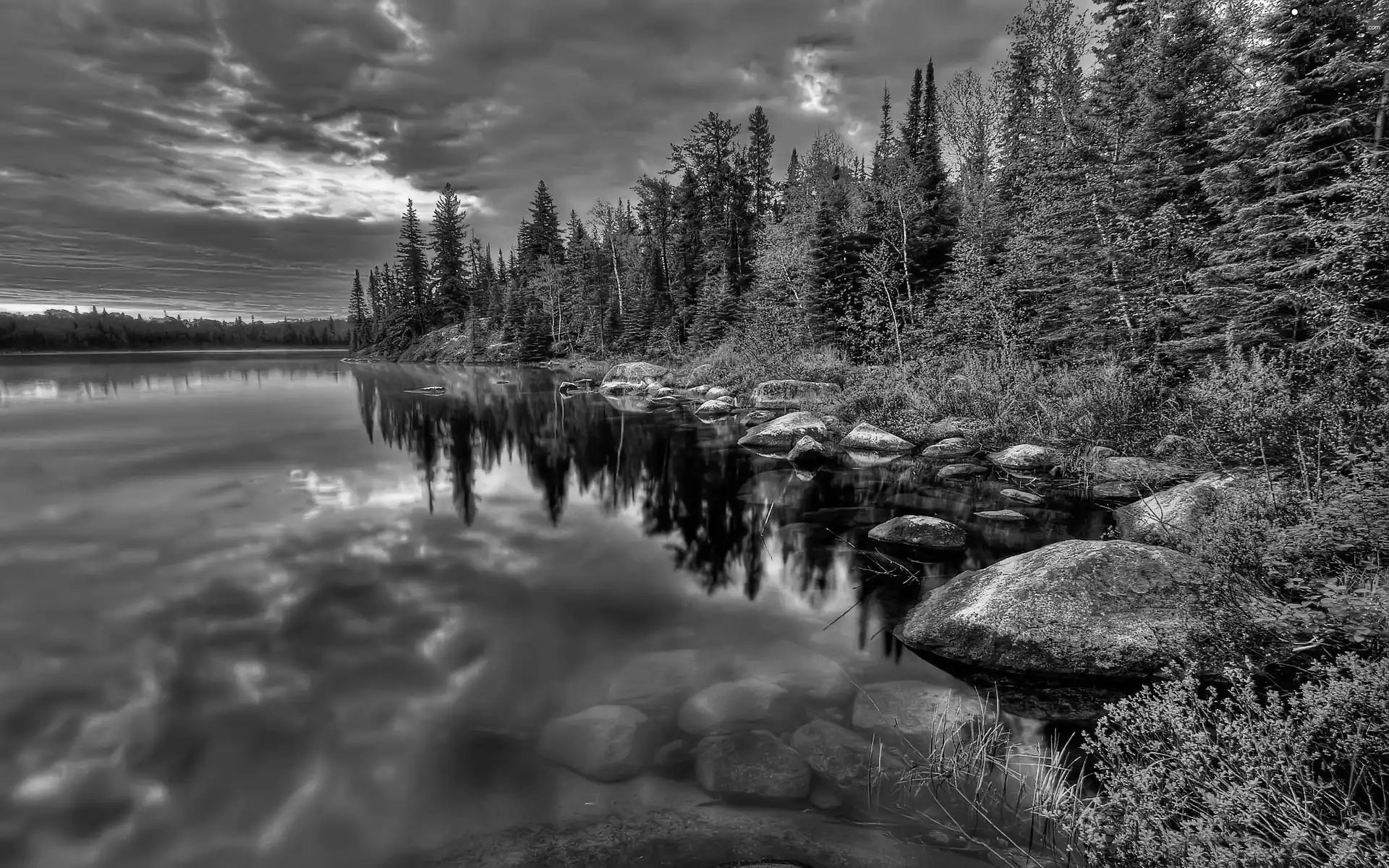 Sky, Pond - car, viewes, Stones, trees, Clouds