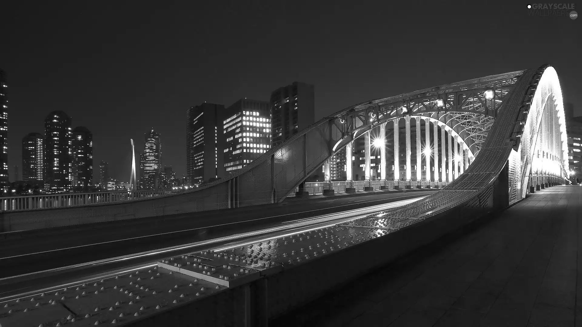 skyscrapers, Floodlit, bridge