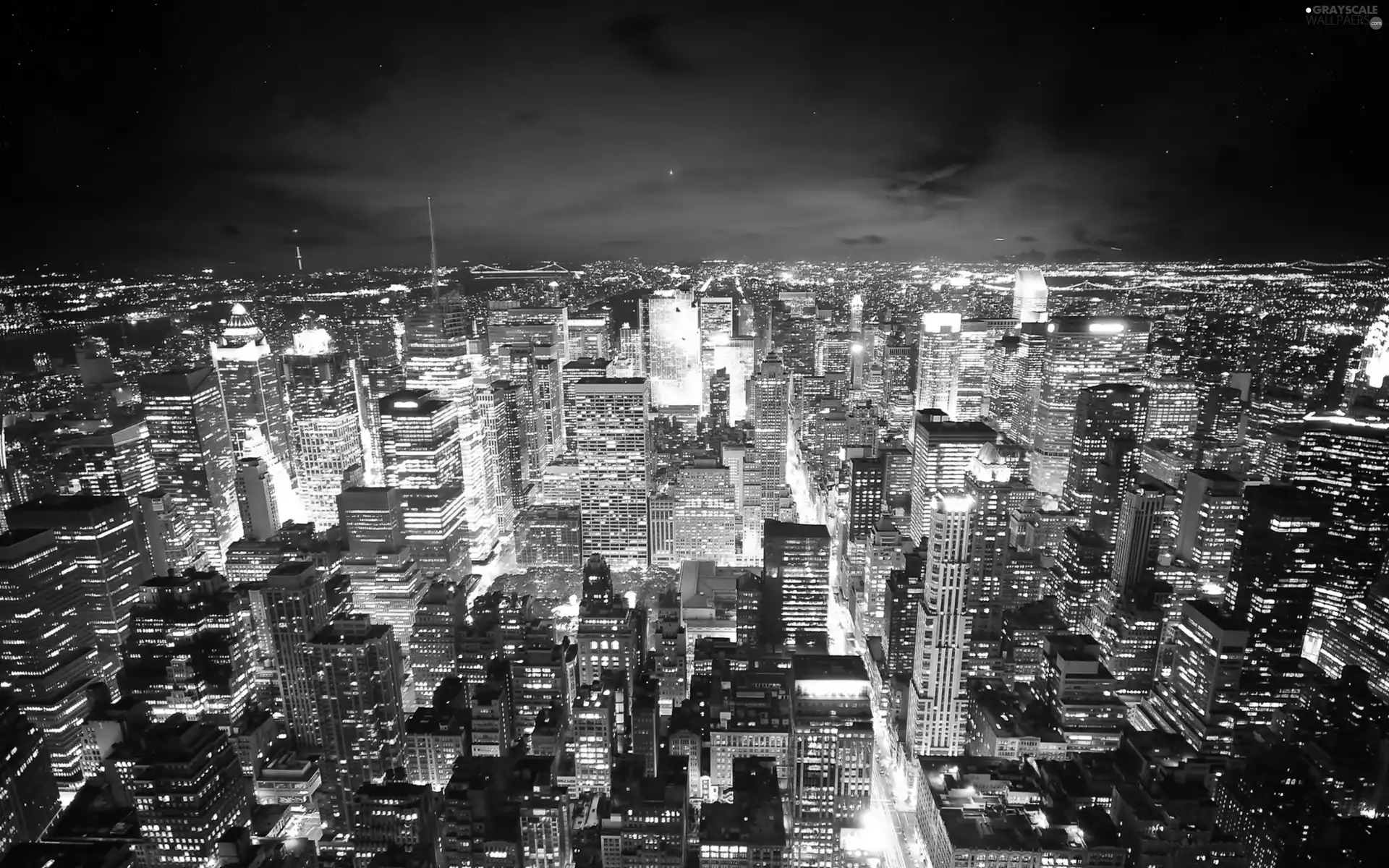 skyscrapers, clouds, Town, night, illuminated