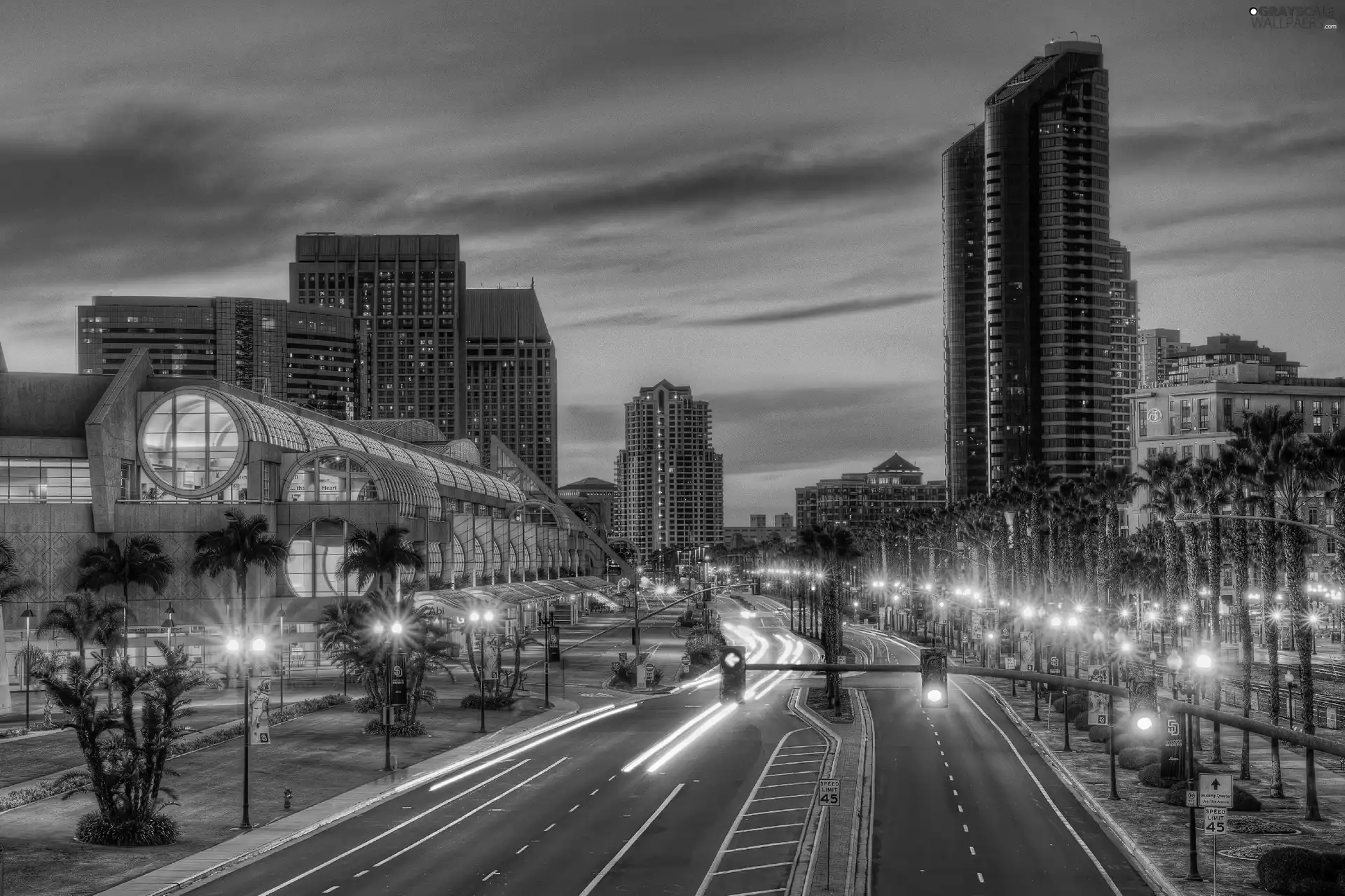night, San, skyscrapers, clouds, Way, Diego