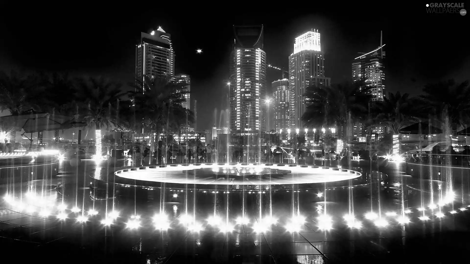 town, nigh, clouds, panorama, Dubaj, skyscrapers, fountain