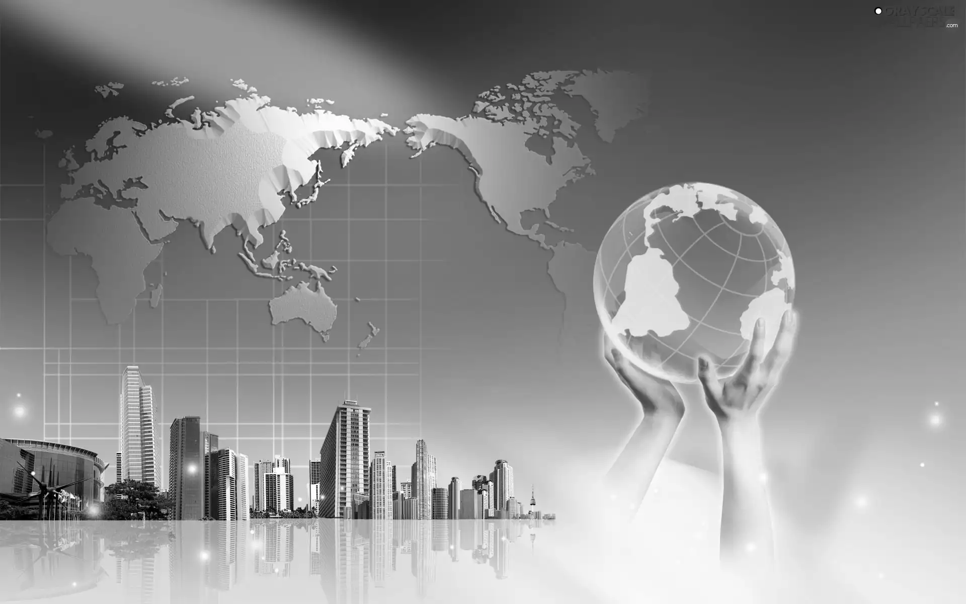 hands, Continents, skyscrapers, globe