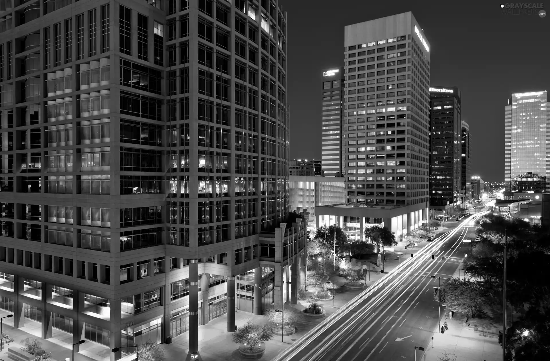 illuminated, skyscrapers