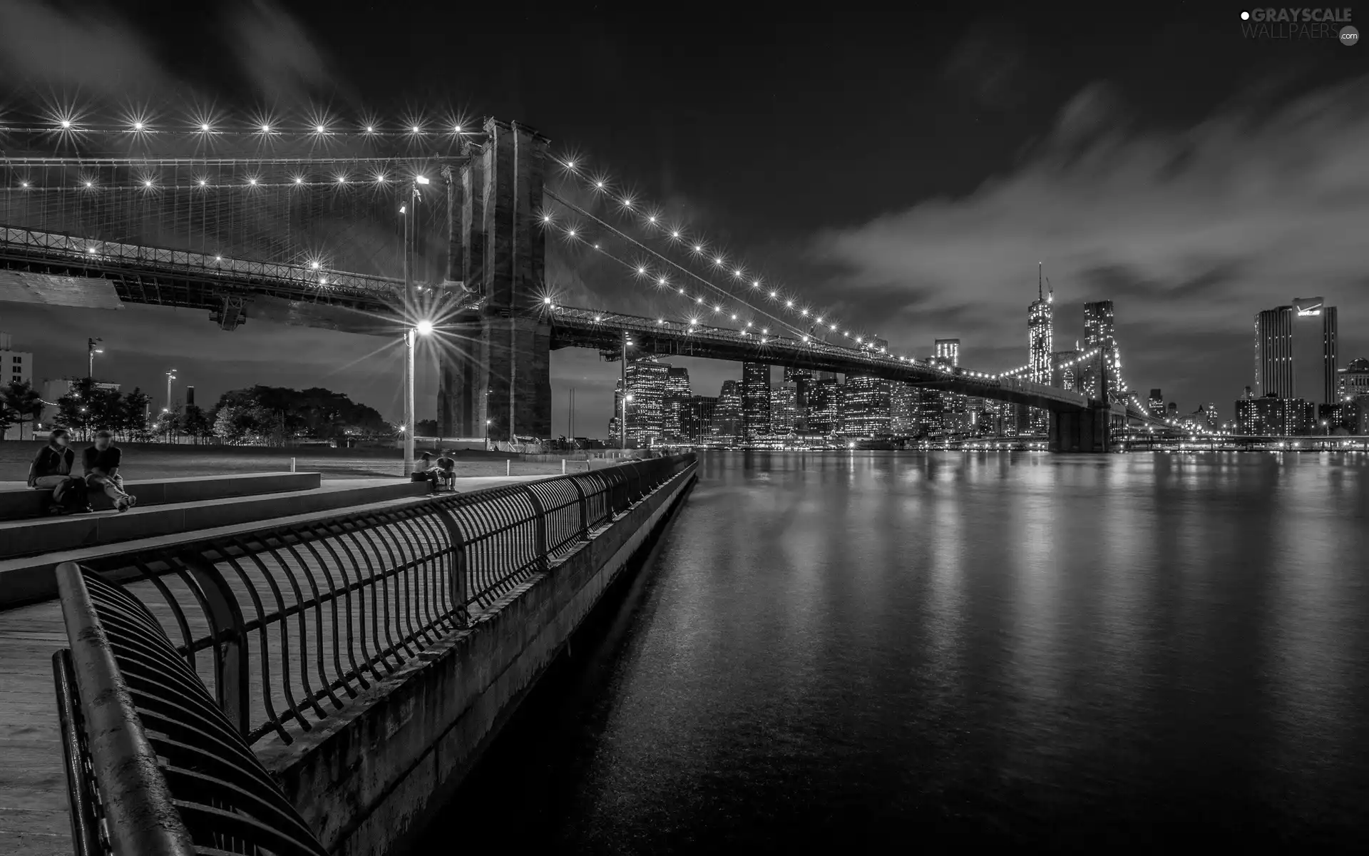 skyscrapers, Floodlit, Night, New York, Brooklyn, bridge