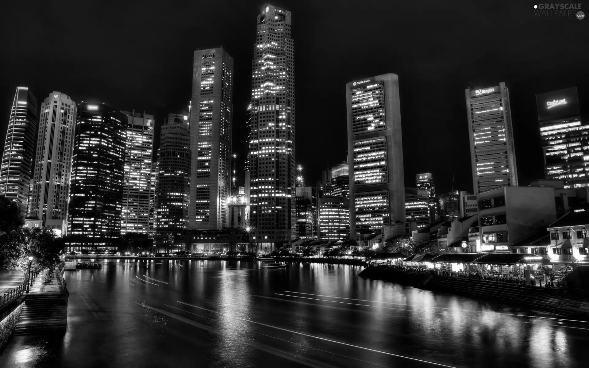 town, Night, Asia, Singapur, skyscrapers, View