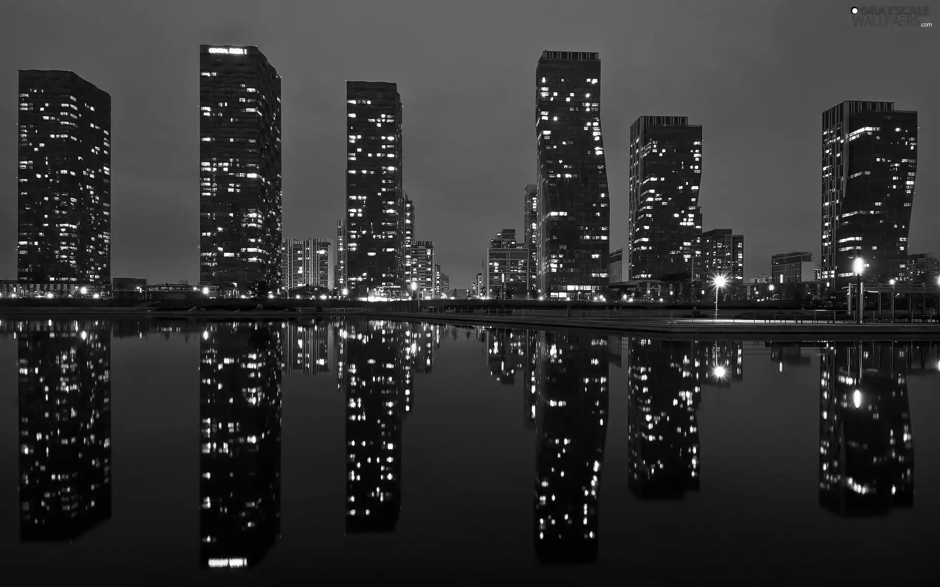 Night, Korea, water, Town, Asia, skyscrapers, reflection