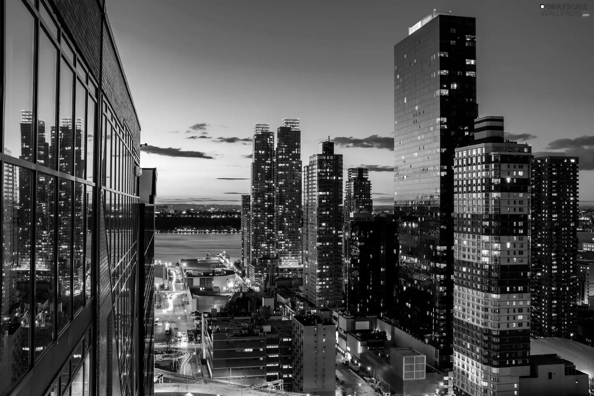 River, Great Sunsets, USA, skyscrapers, New York