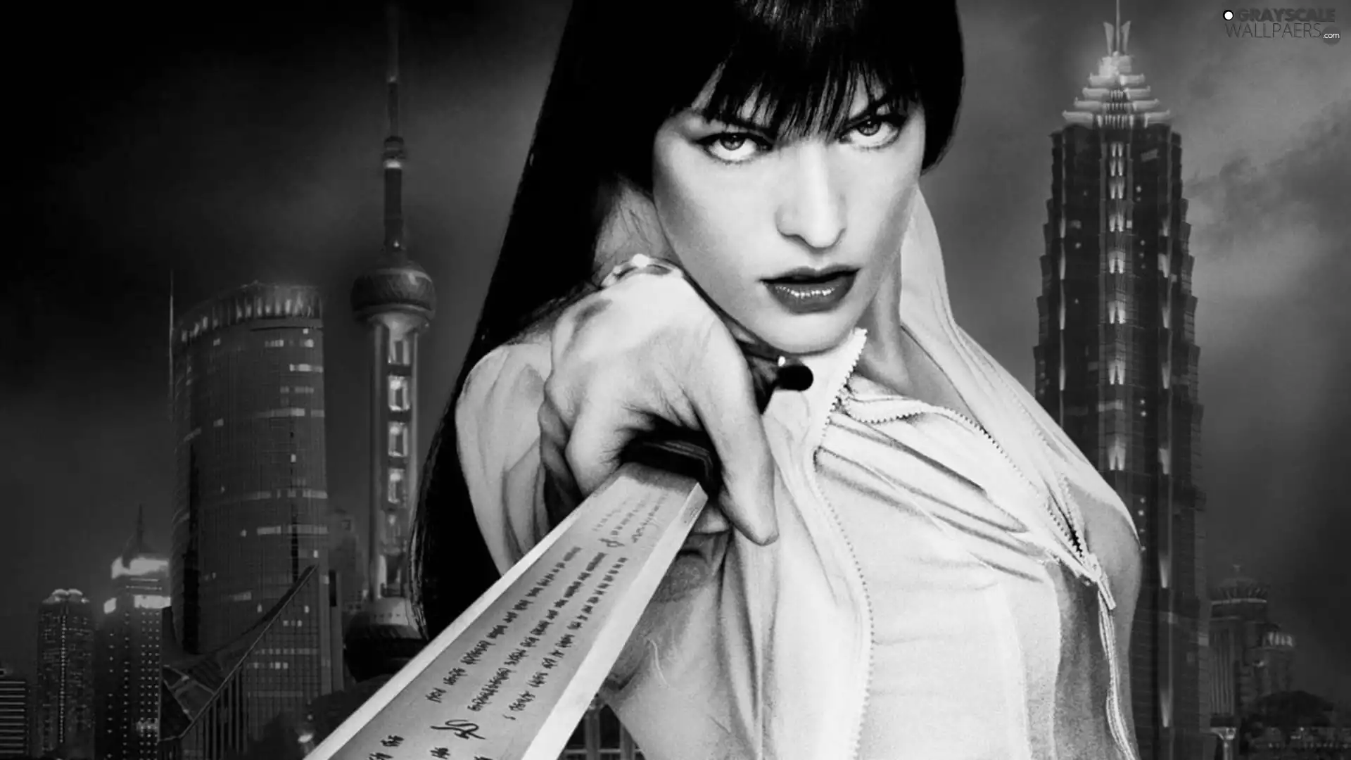 skyscrapers, girl, sword