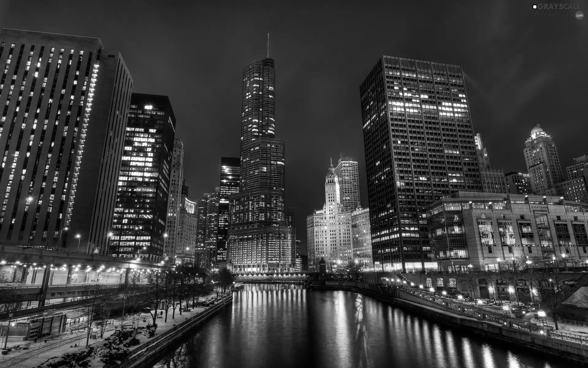 Town, illuminated, skyscrapers, Night