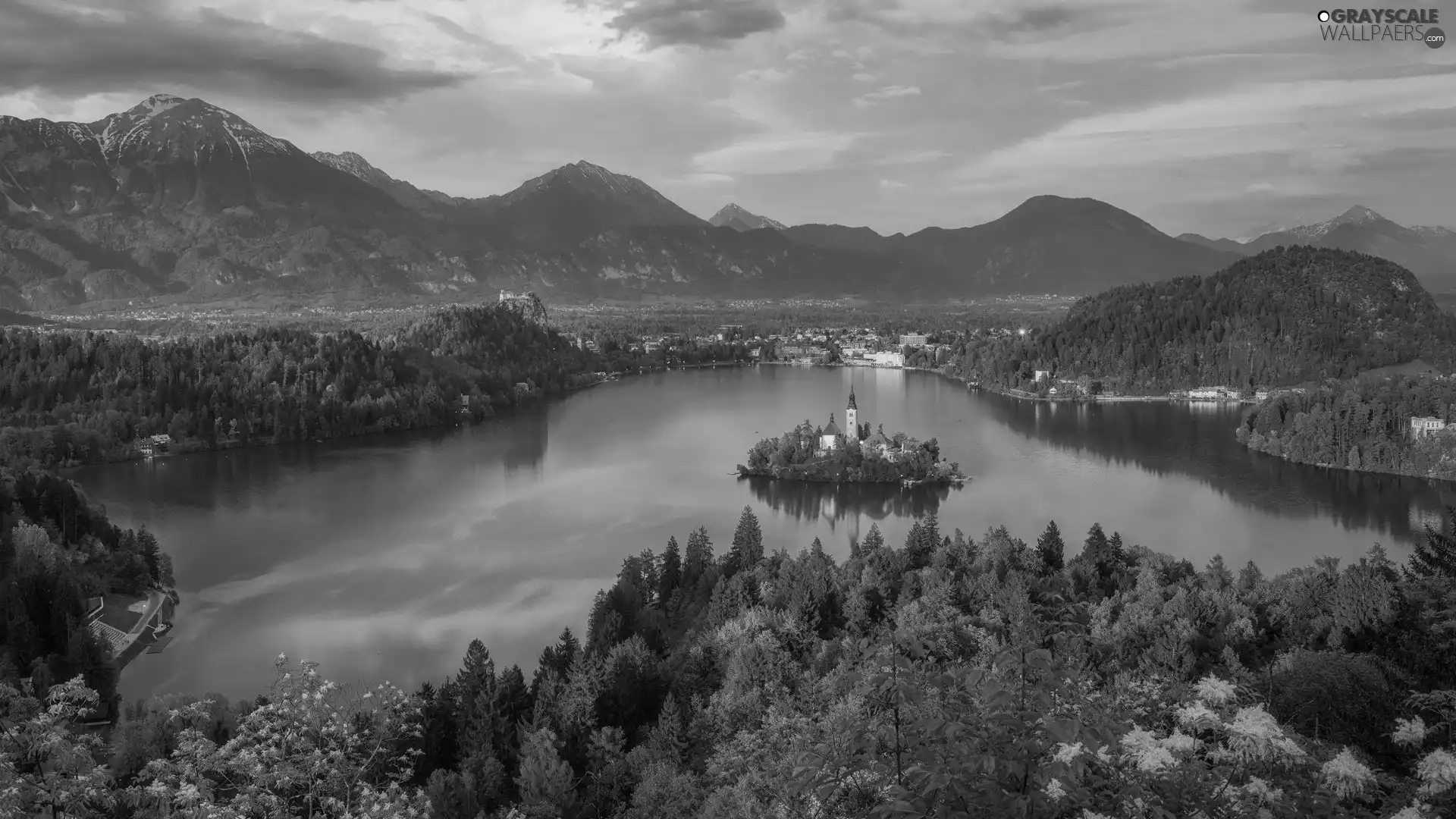 Lake Bled, Blejski Otok Island, trees, Julian Alps Mountains, Slovenia, clouds, viewes