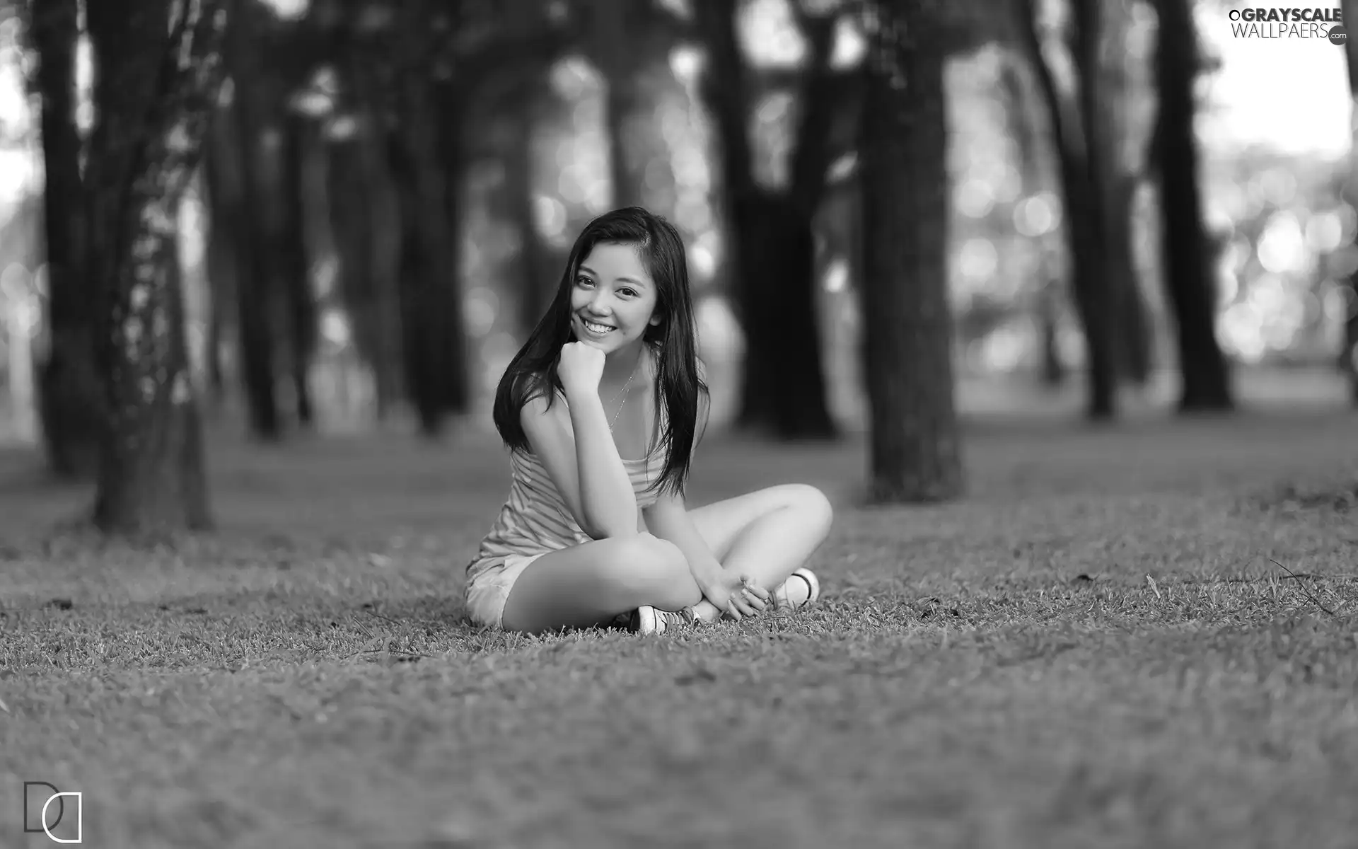 Park, brunette, Smile, grass