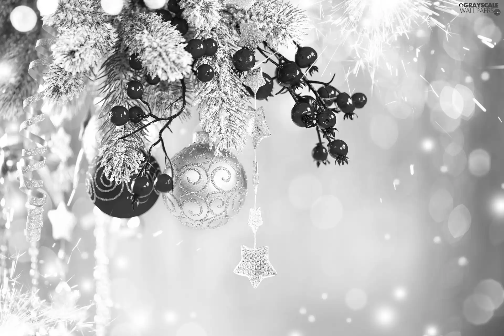 Twigs, snow, Christmas, baubles, decoration