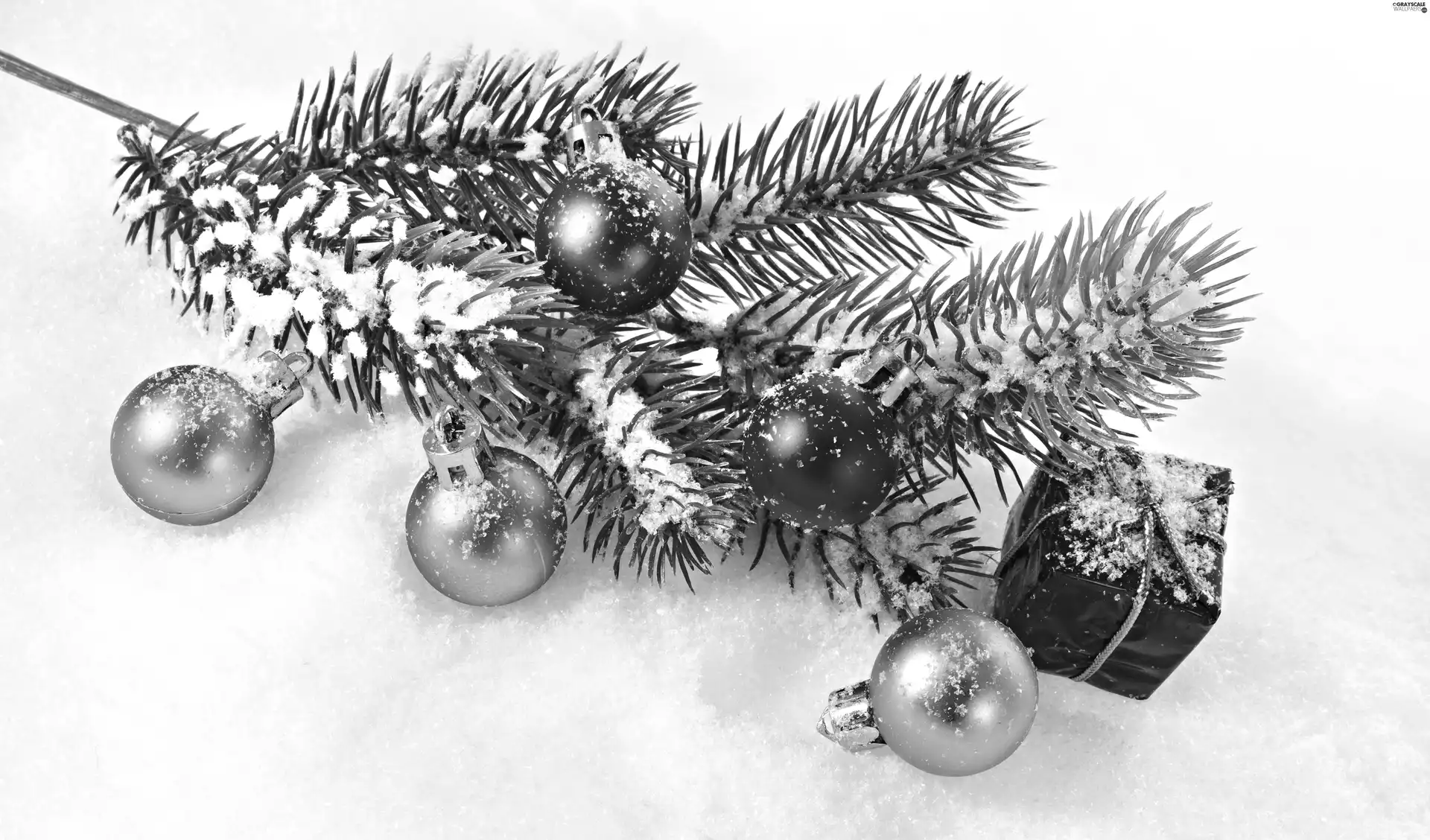 snow, christmas, twig, baubles, spruce