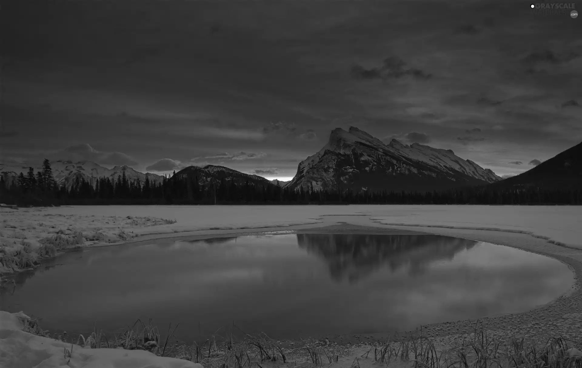 snow, lake, sun, Mountains, west