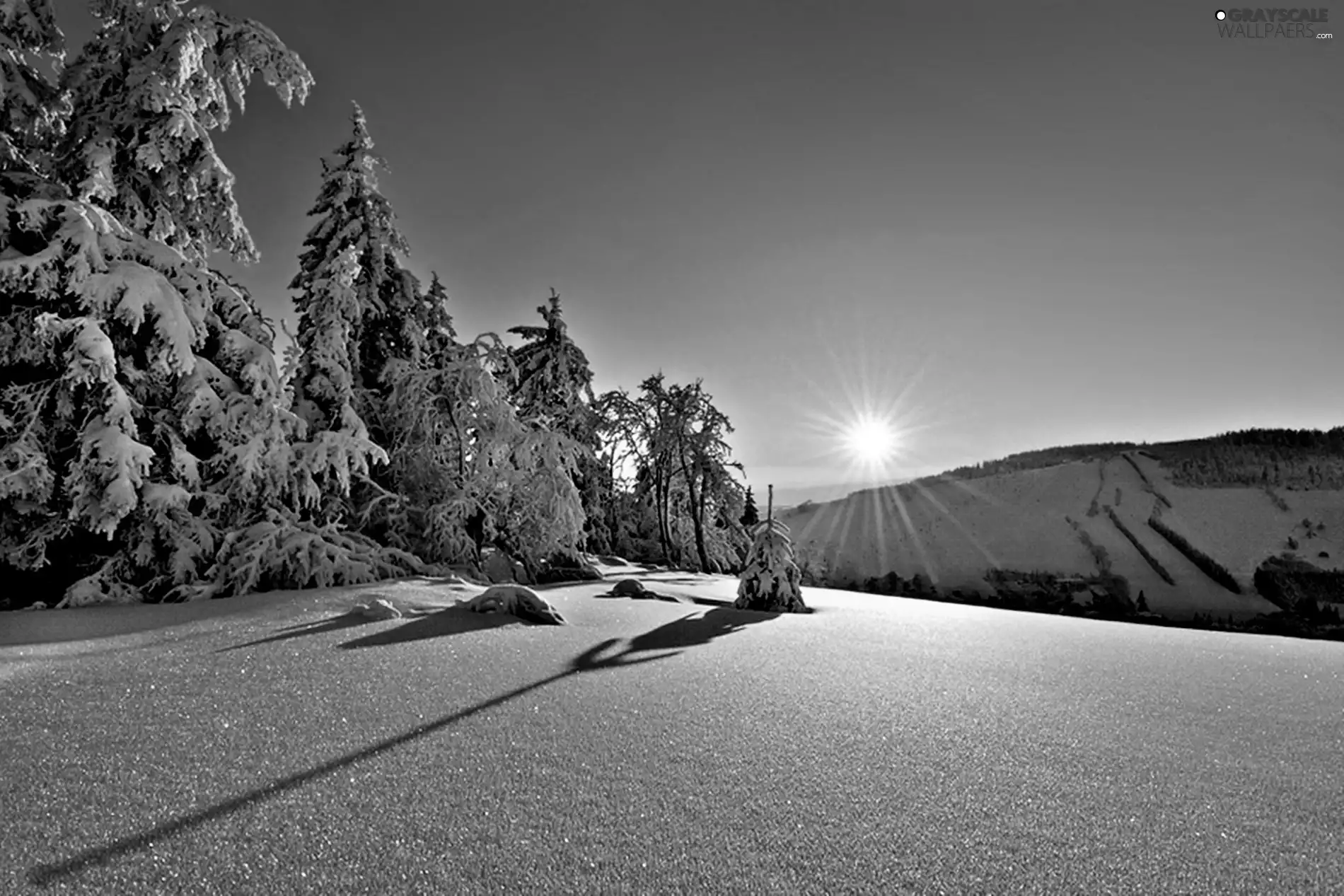 snow, Mountains, west, sun, Christmas