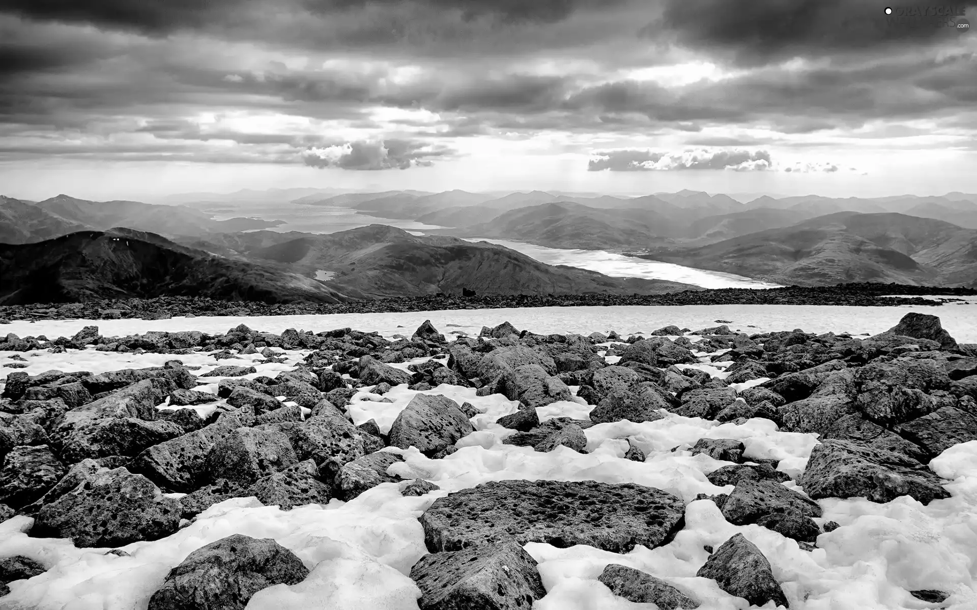 Mountains, Stones, snow, clouds