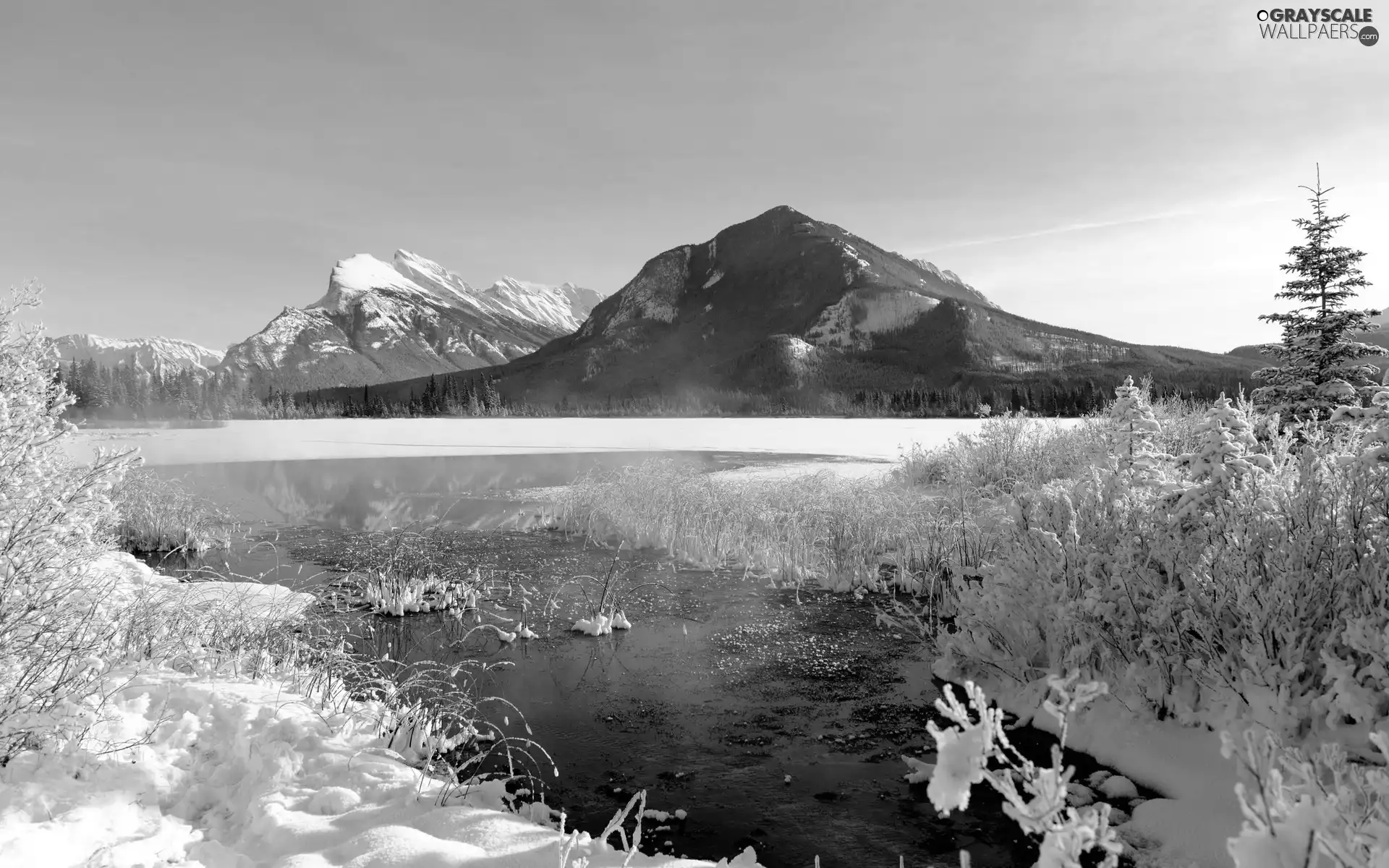 Mountains, winter, snow, River