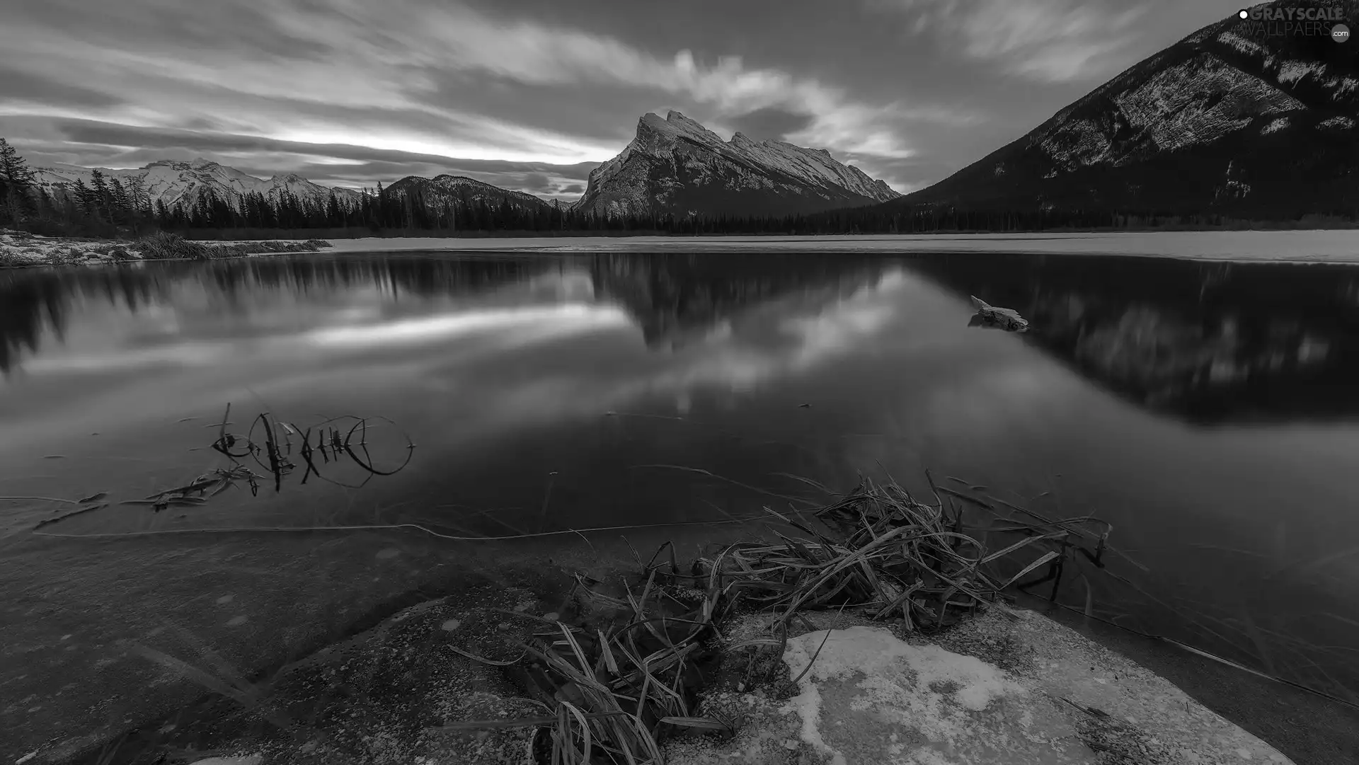 snow, reflection, lake, Great Sunsets, Mountains