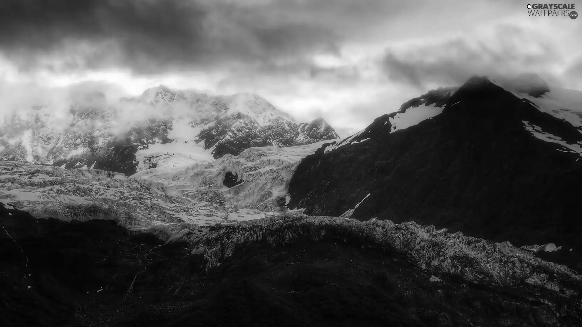 snow, rocks, dark, clouds, Mountains