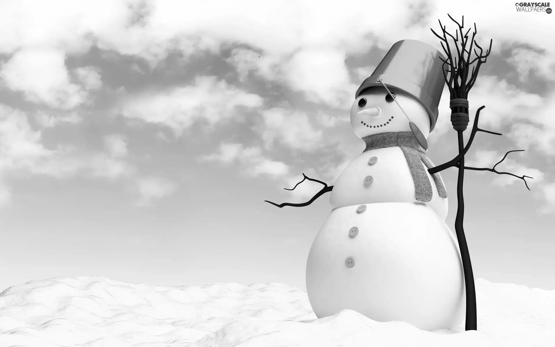 Snowman, Broom, snow, bucket