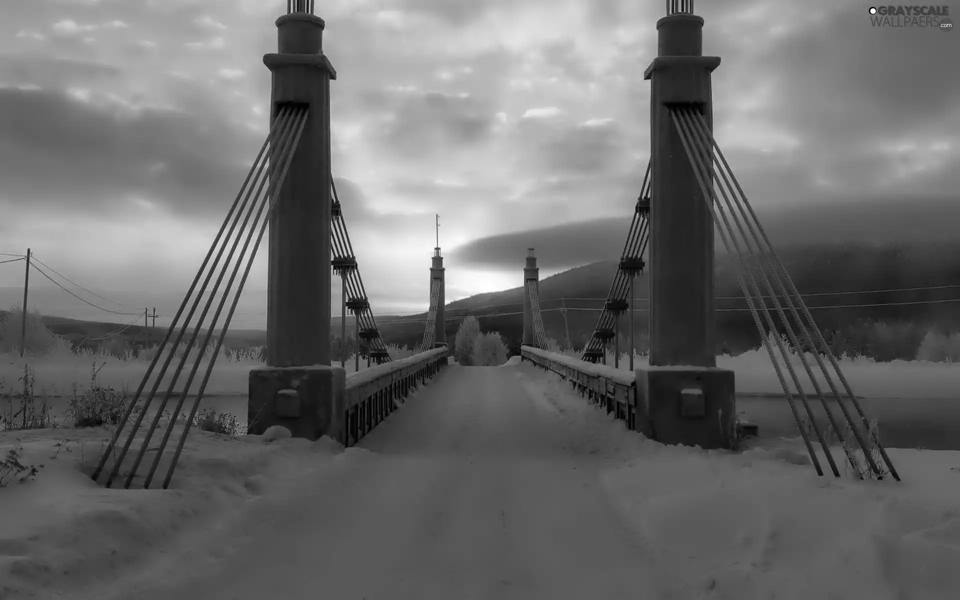 snow, Great Sunsets, River, winter, bridge