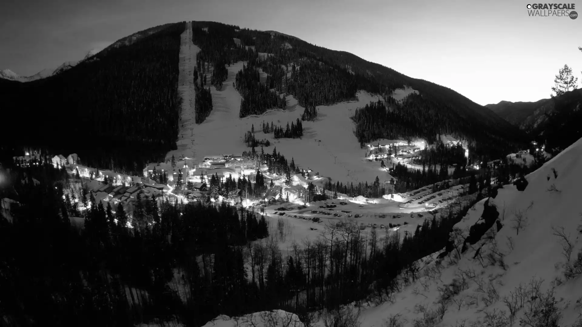 Town, Night, snow, Mountains