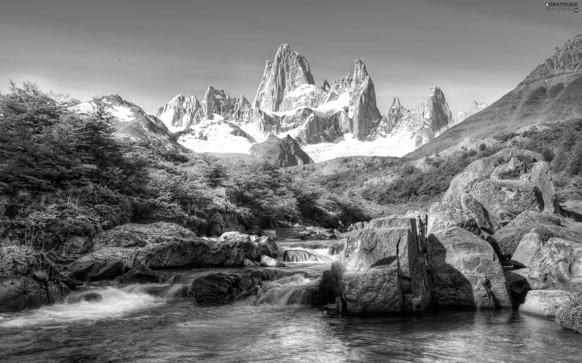 snow, VEGETATION, River, Stones, Mountains