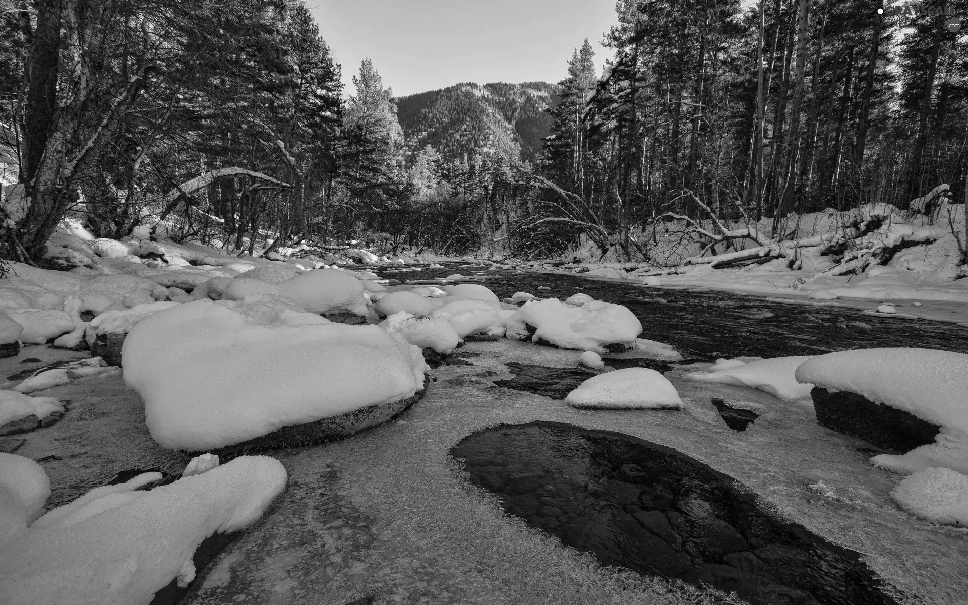 snow, winter, Mountains, forest, Icecream, Stones, viewes, River, trees
