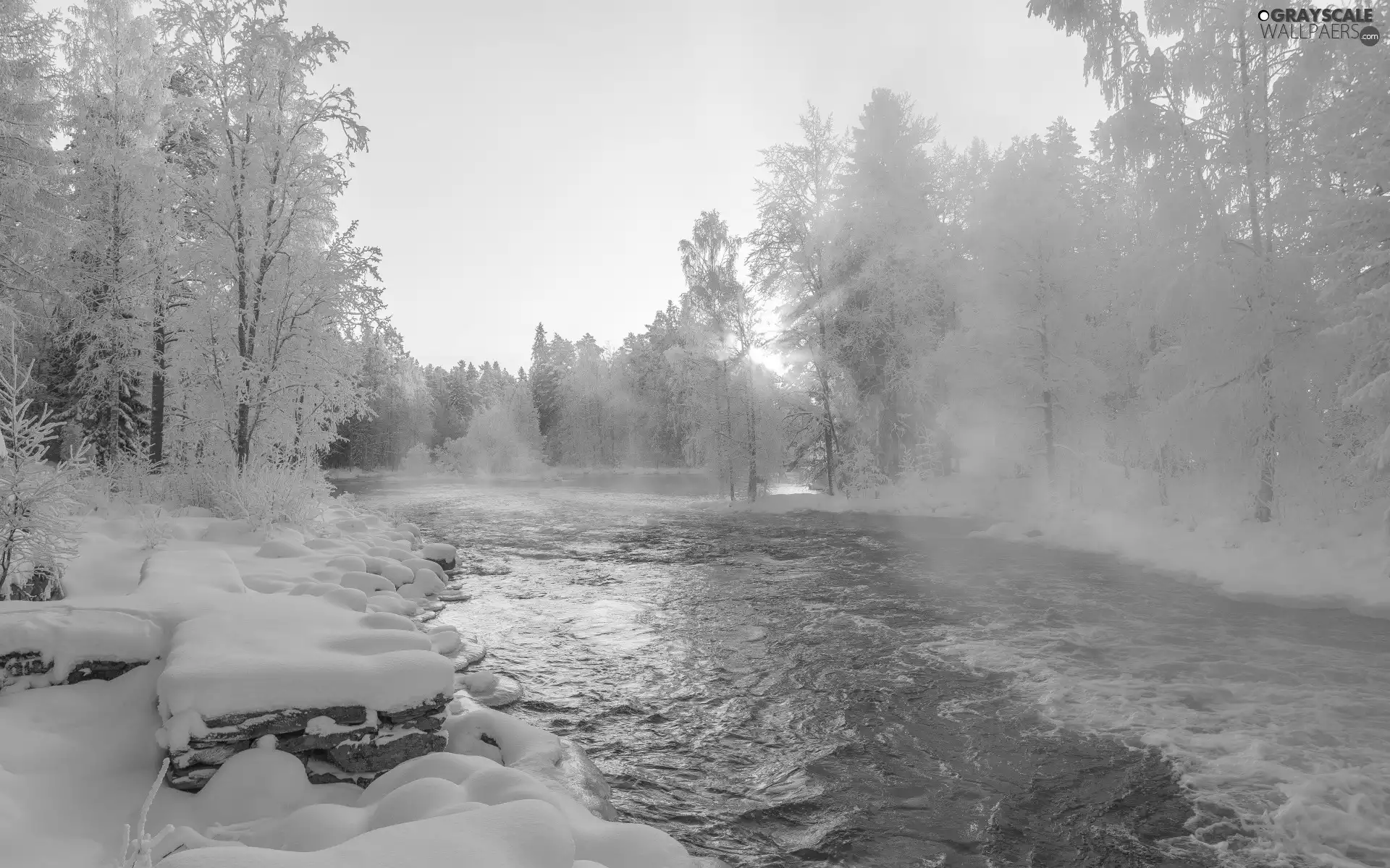 snow, winter, River, Snowy, Fog, Sunrise, viewes, Stones, trees