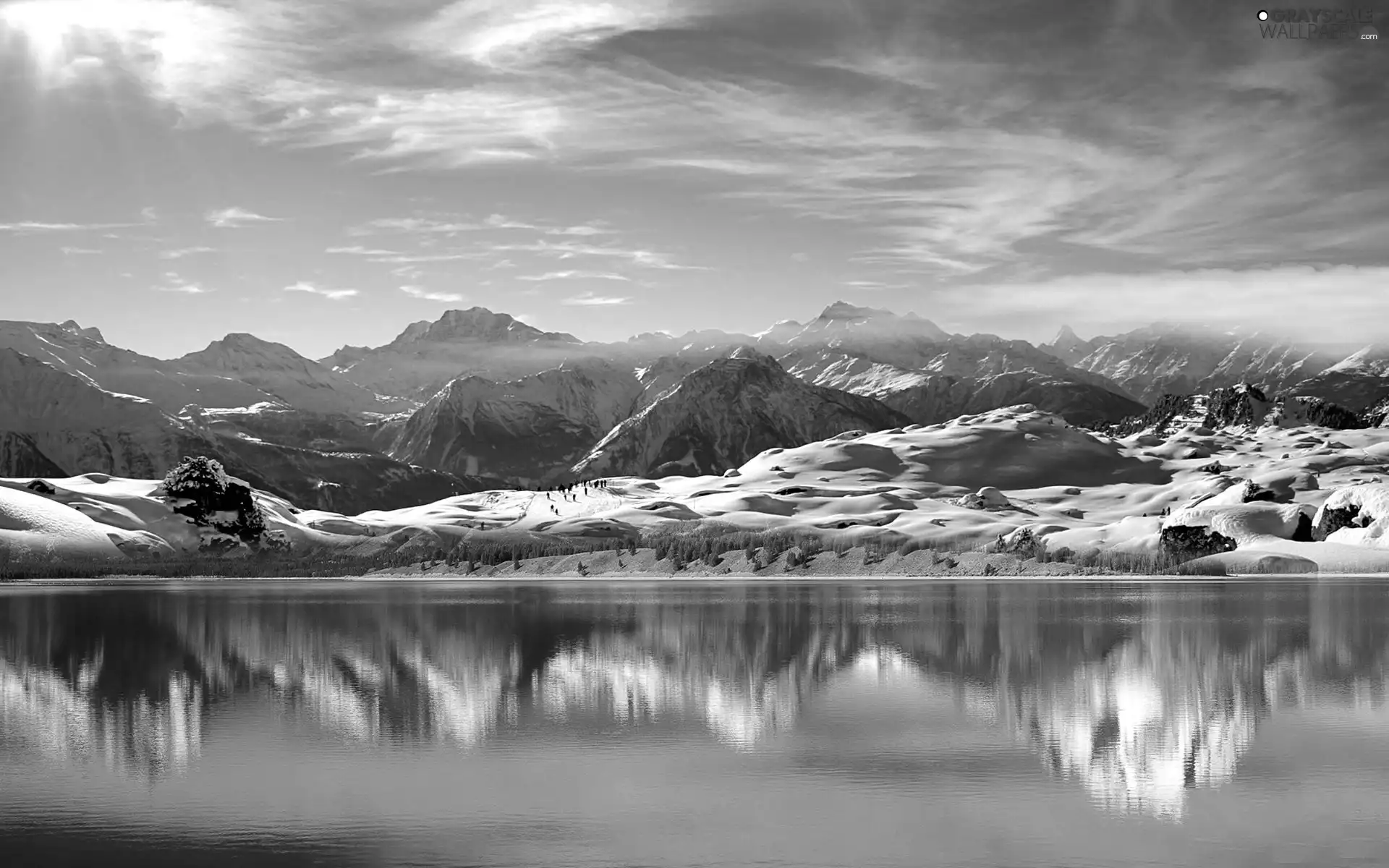 snow, Mountains, water