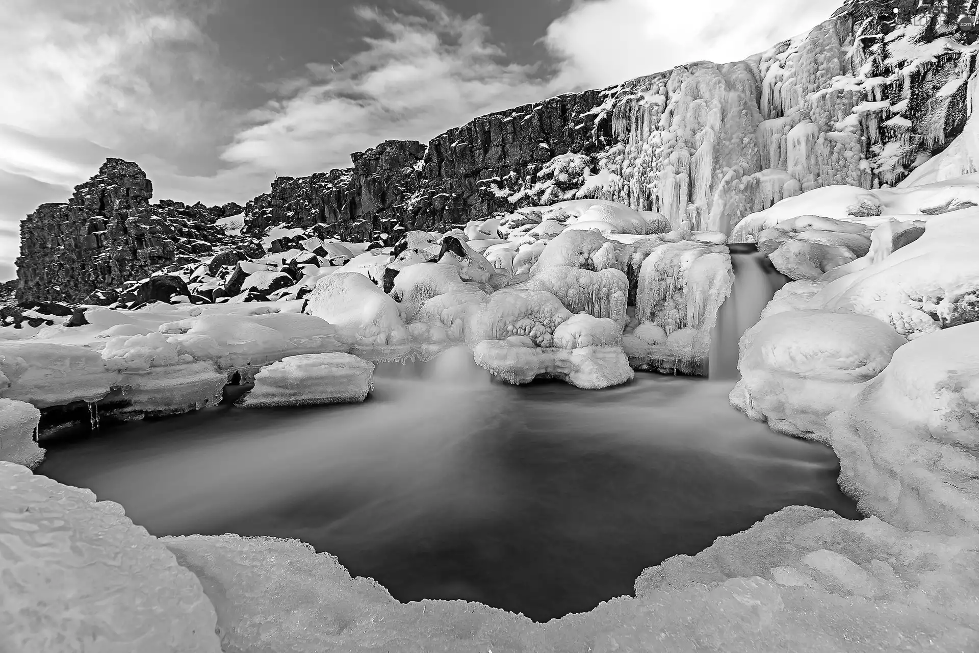 winter, lake, snow, rocks