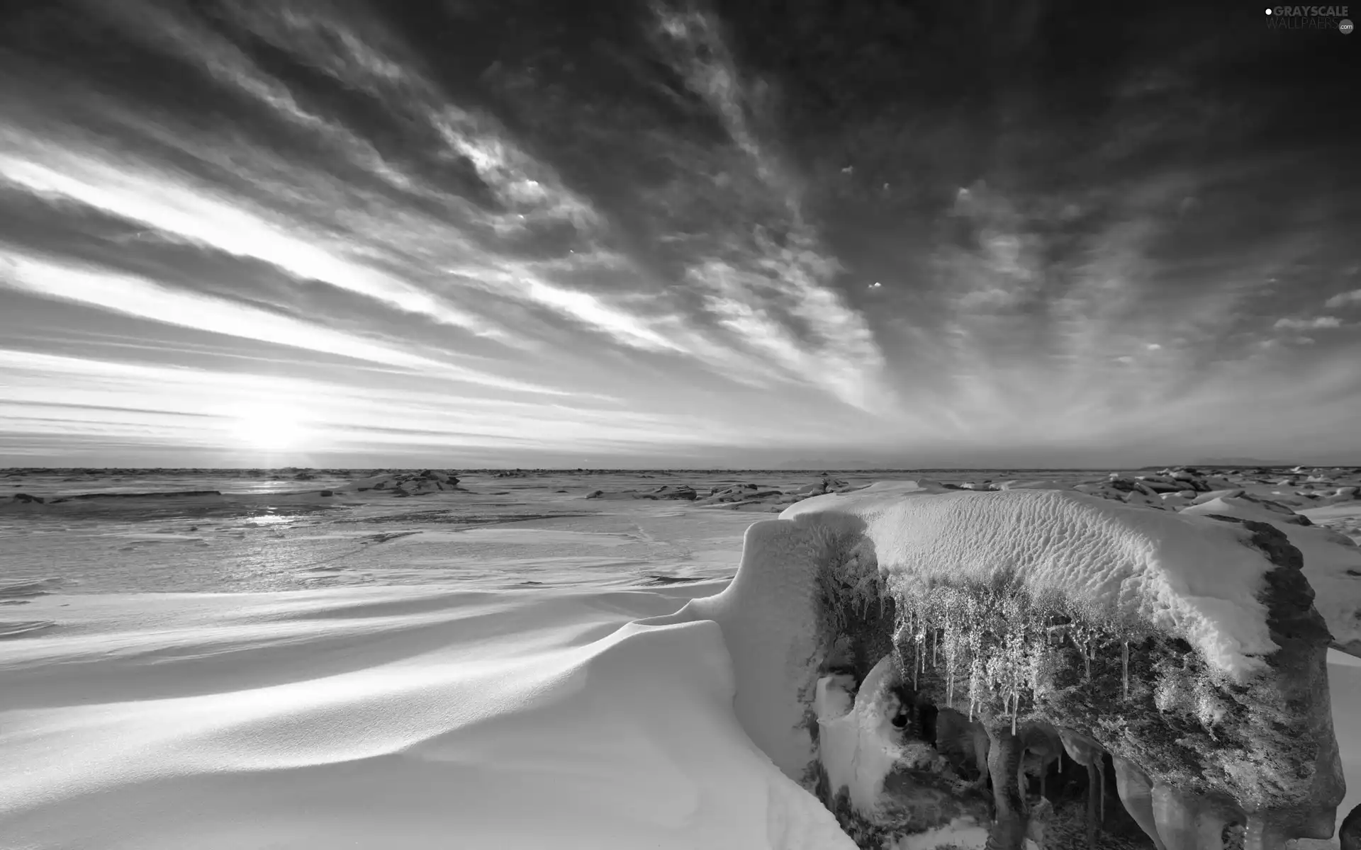 snow, winter, sun, rock, west