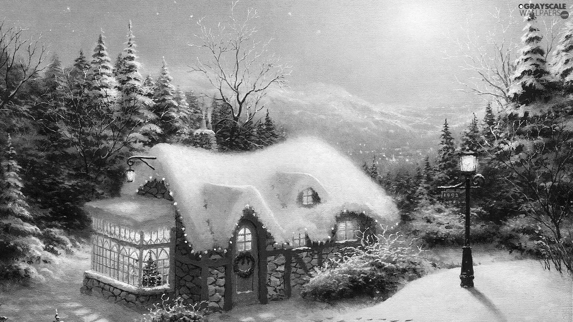 Lighthouse, Christmas, trees, house, winter, Snowy, viewes