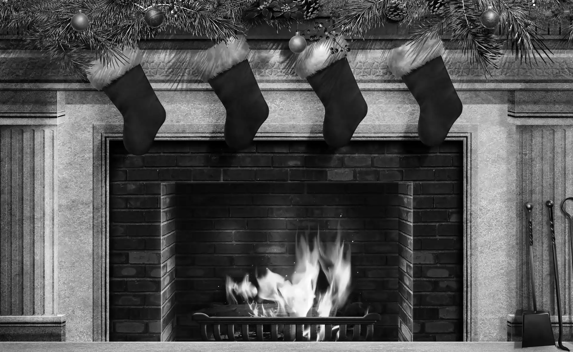 socks, burner chimney, baubles, cones, spruce, flame