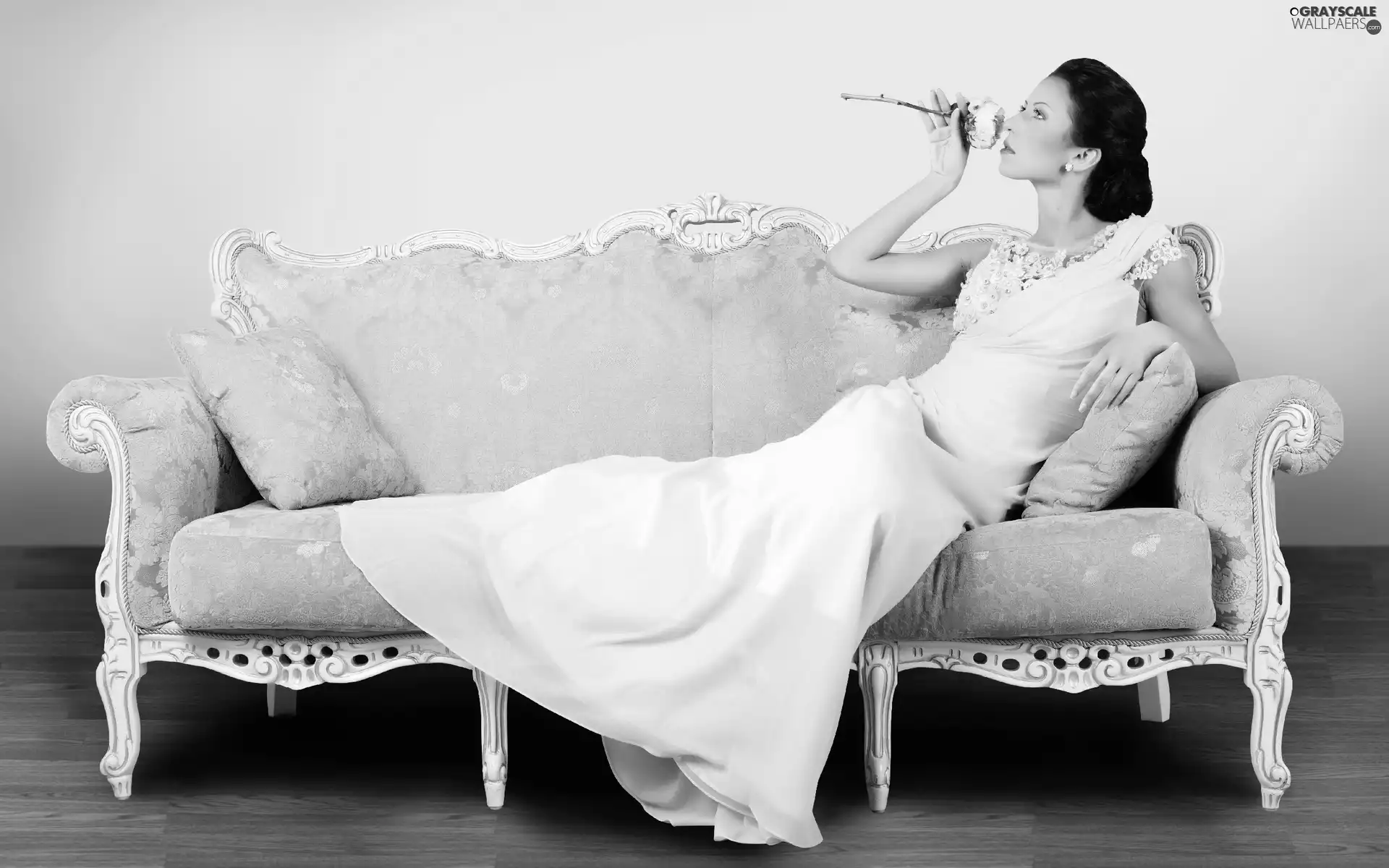brunette, rose, sofa, model