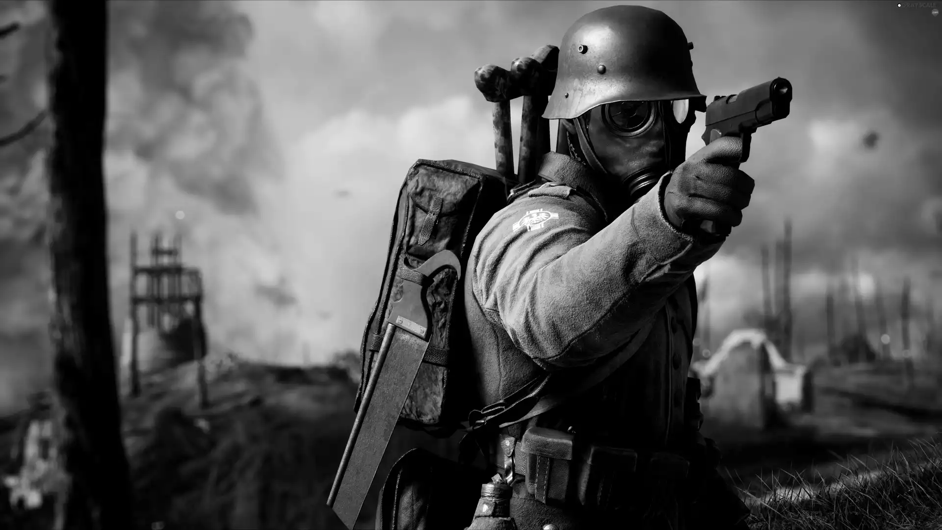 soldier, uniform, Gas Mask, knapsack, helmet, Battlefield 1, game, Gun