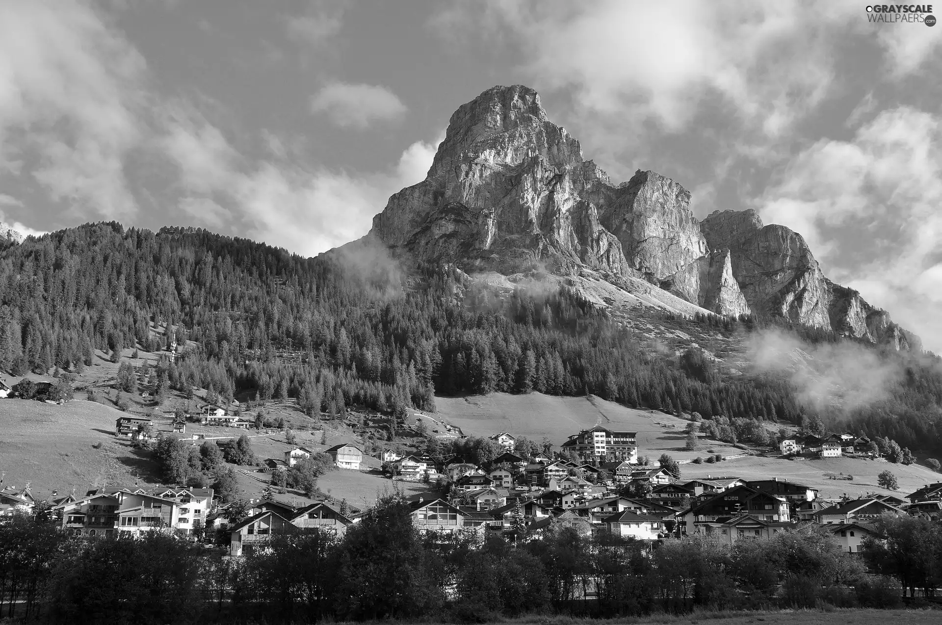 spa, Alps, woods, Fog, Town