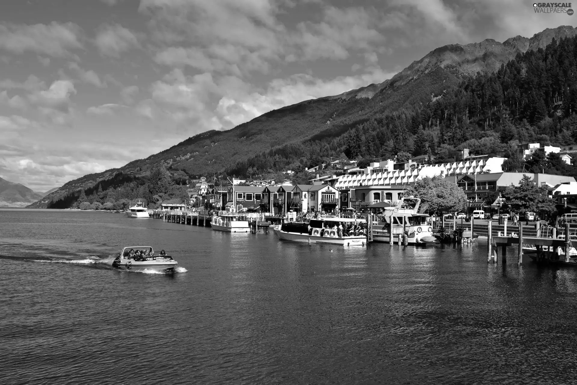River, Mountains, spa, Motor boat