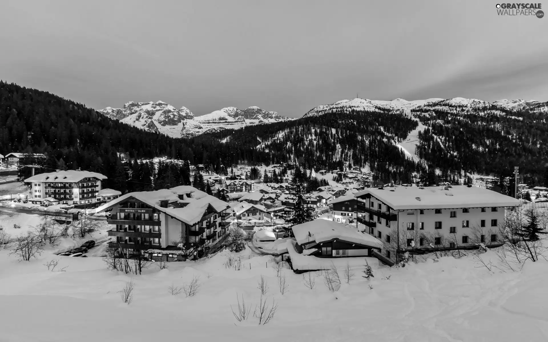 spa, winter, woods, Town, Mountains