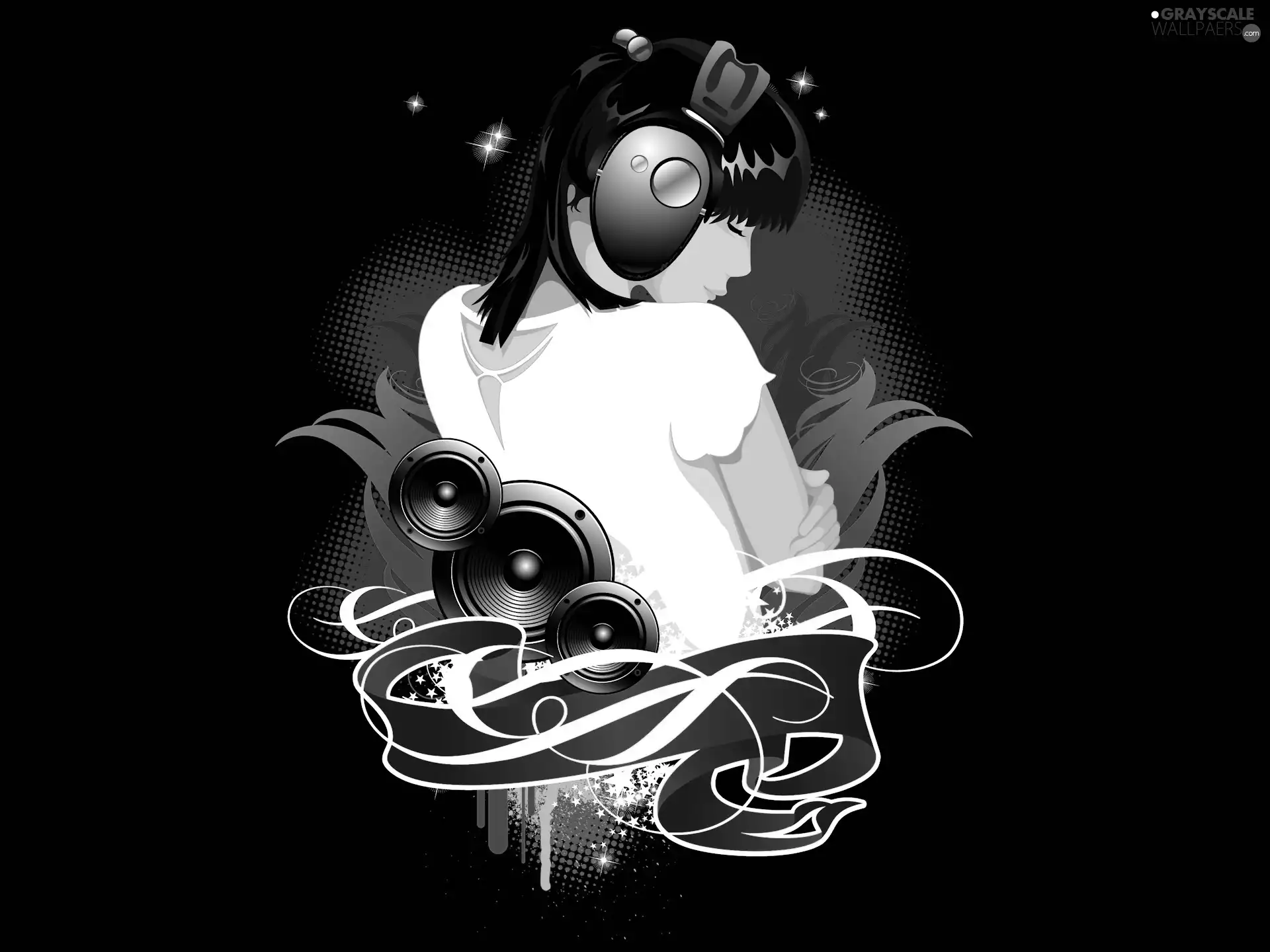 girl, speaker, 2D Graphics, HEADPHONES