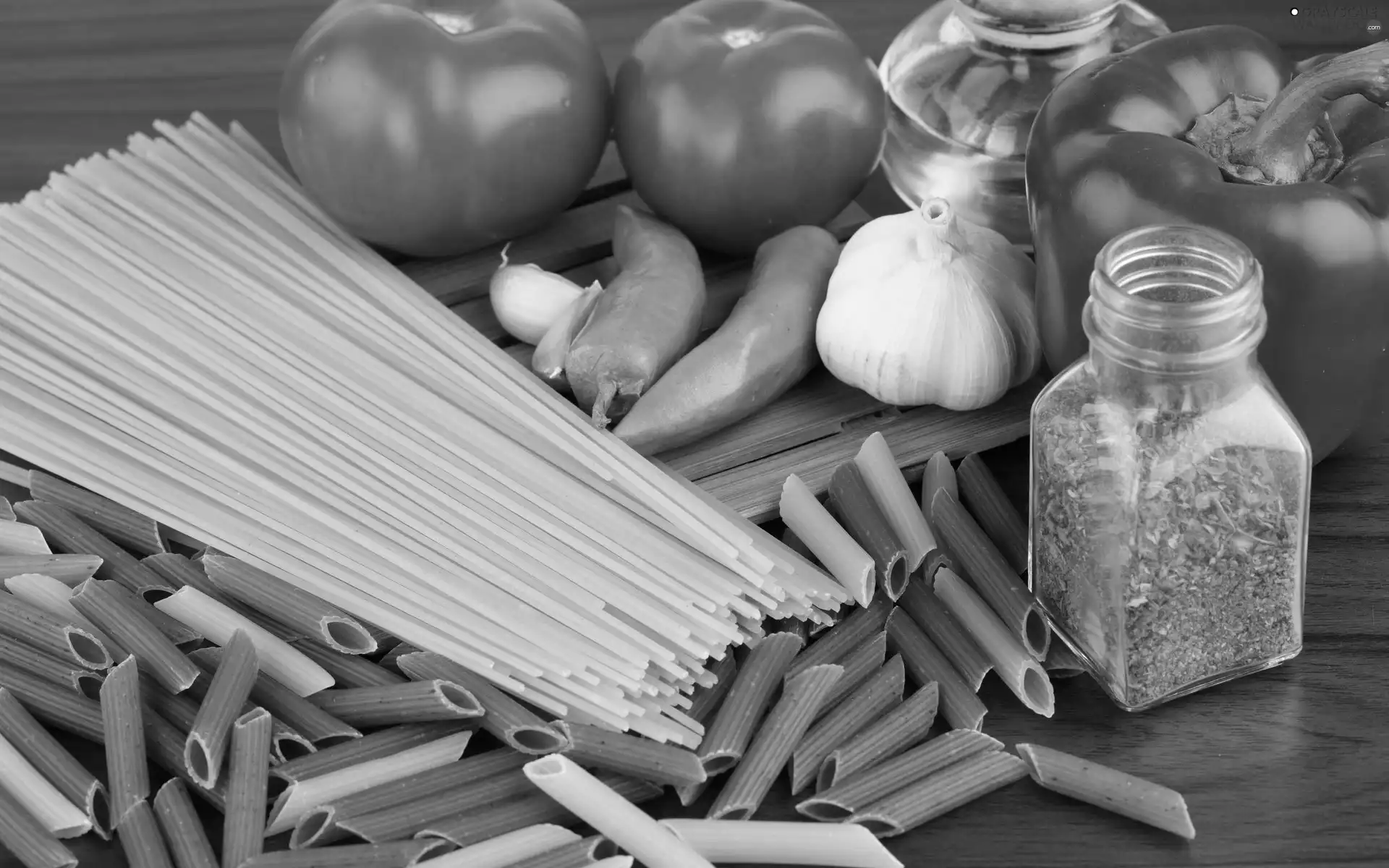 Pasta, pepper, spice, tomatoes
