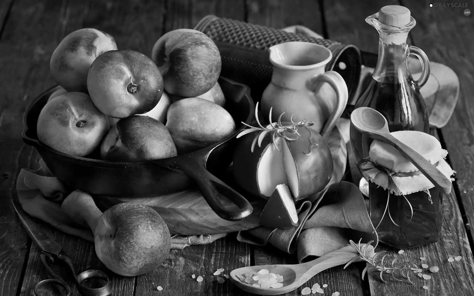 honey, apples, wood, Spoons, jug, frying pan