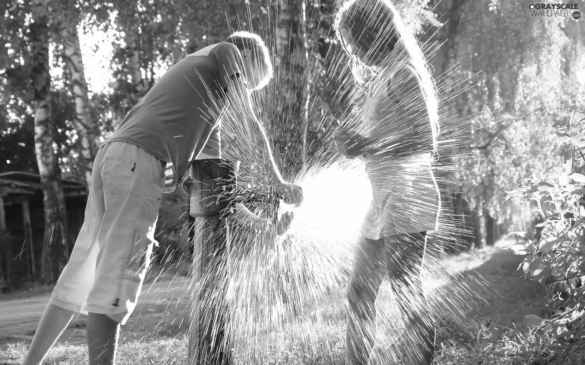 spouting, water, boy, Pump, girl