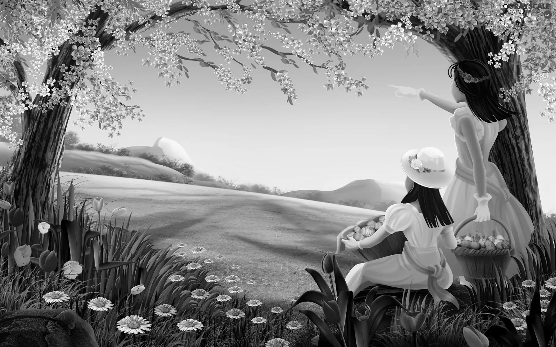 Spring, Flowers, girls, eggs, Easter