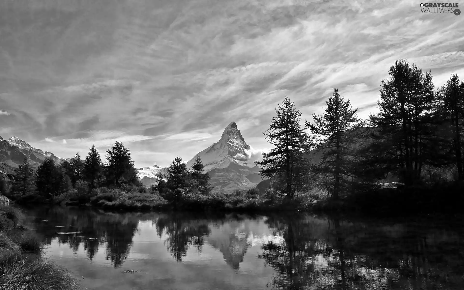 Spruces, reflection, clouds, lake, Matterhorn