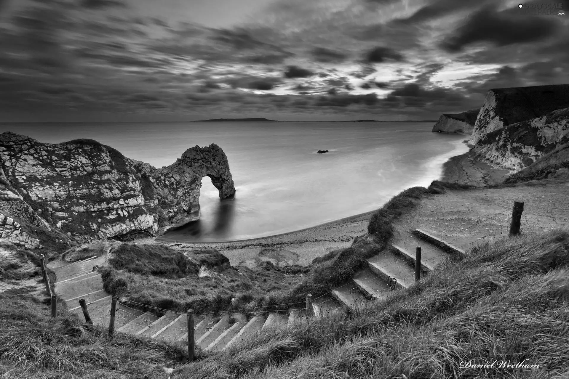 Stairs, descent, sea, rocks, Sky