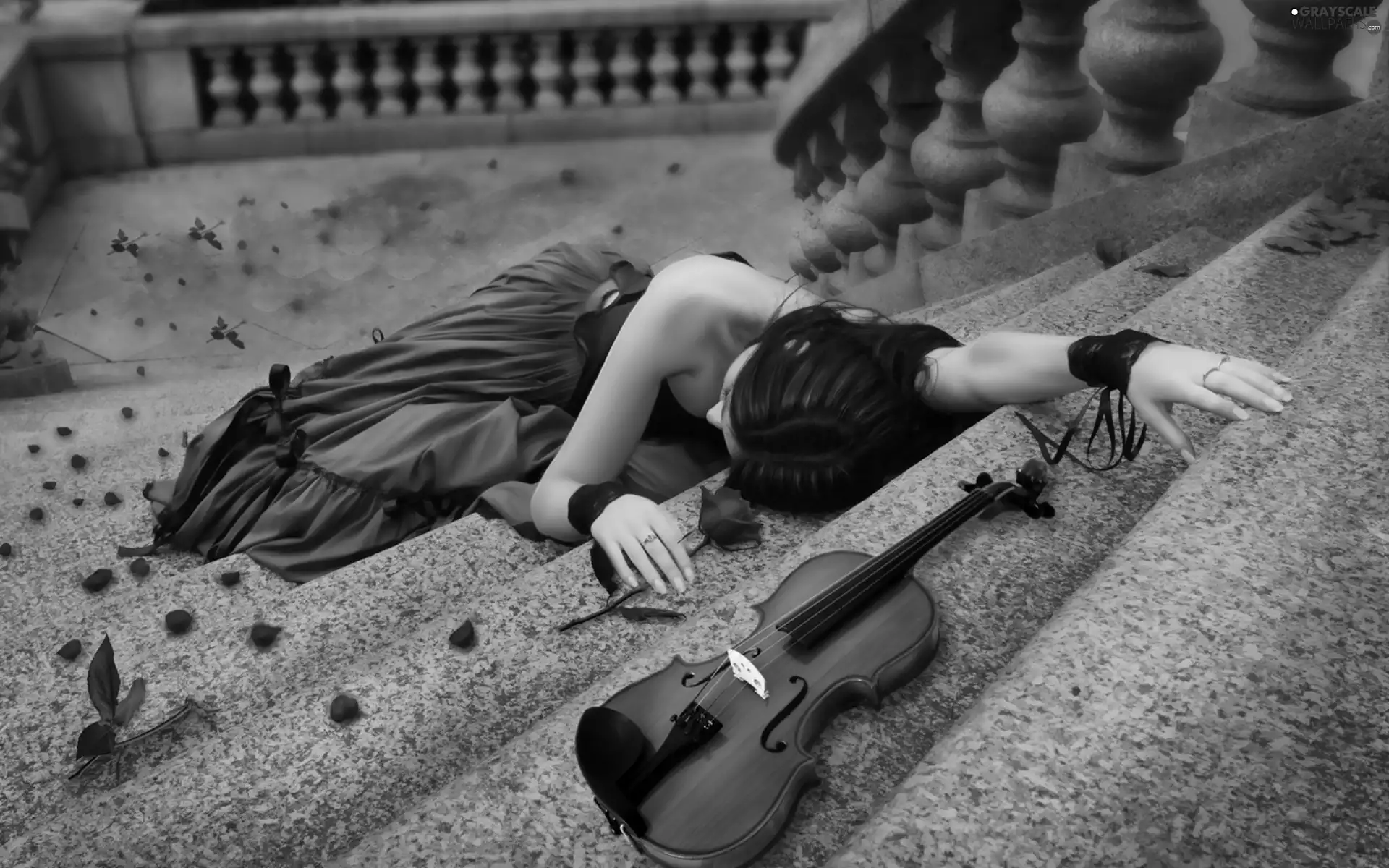 Stairs, rose, Violinist, violin, fainted